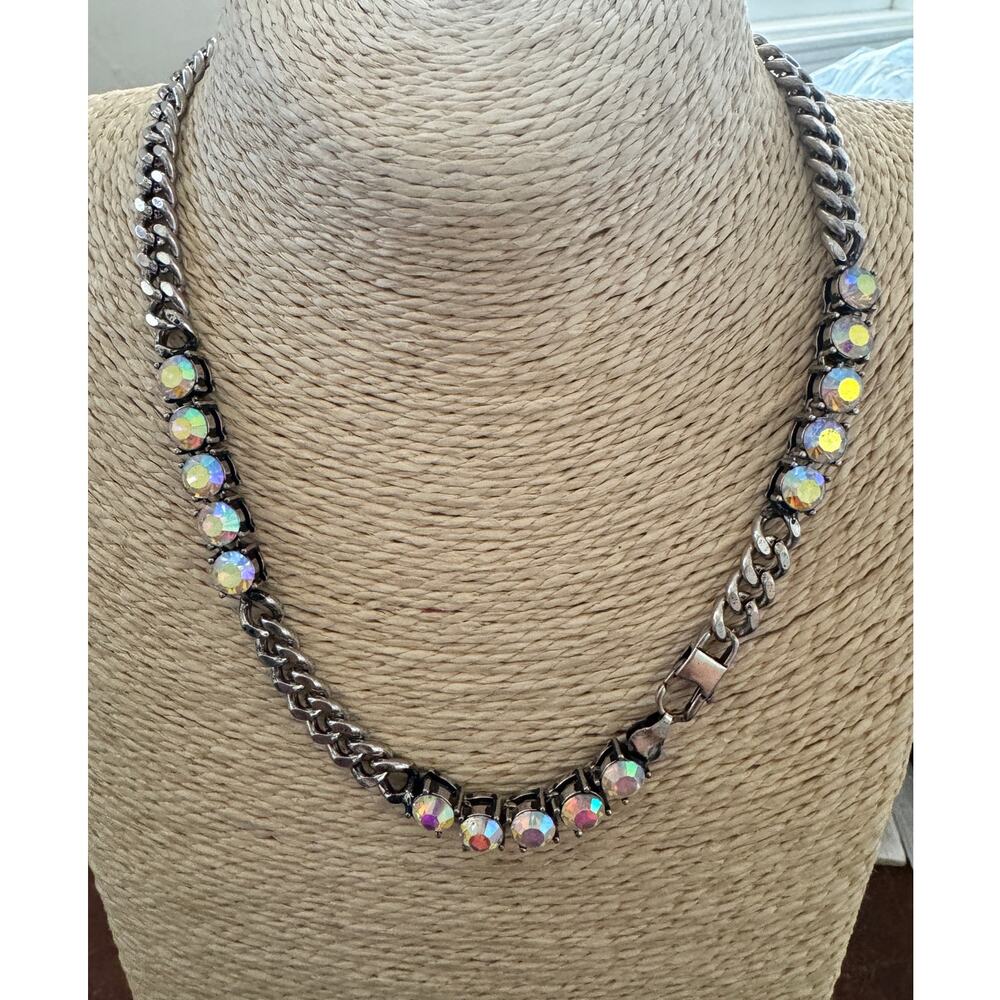ATG Crystal AB Statement Necklace Silver tone chain NWOT